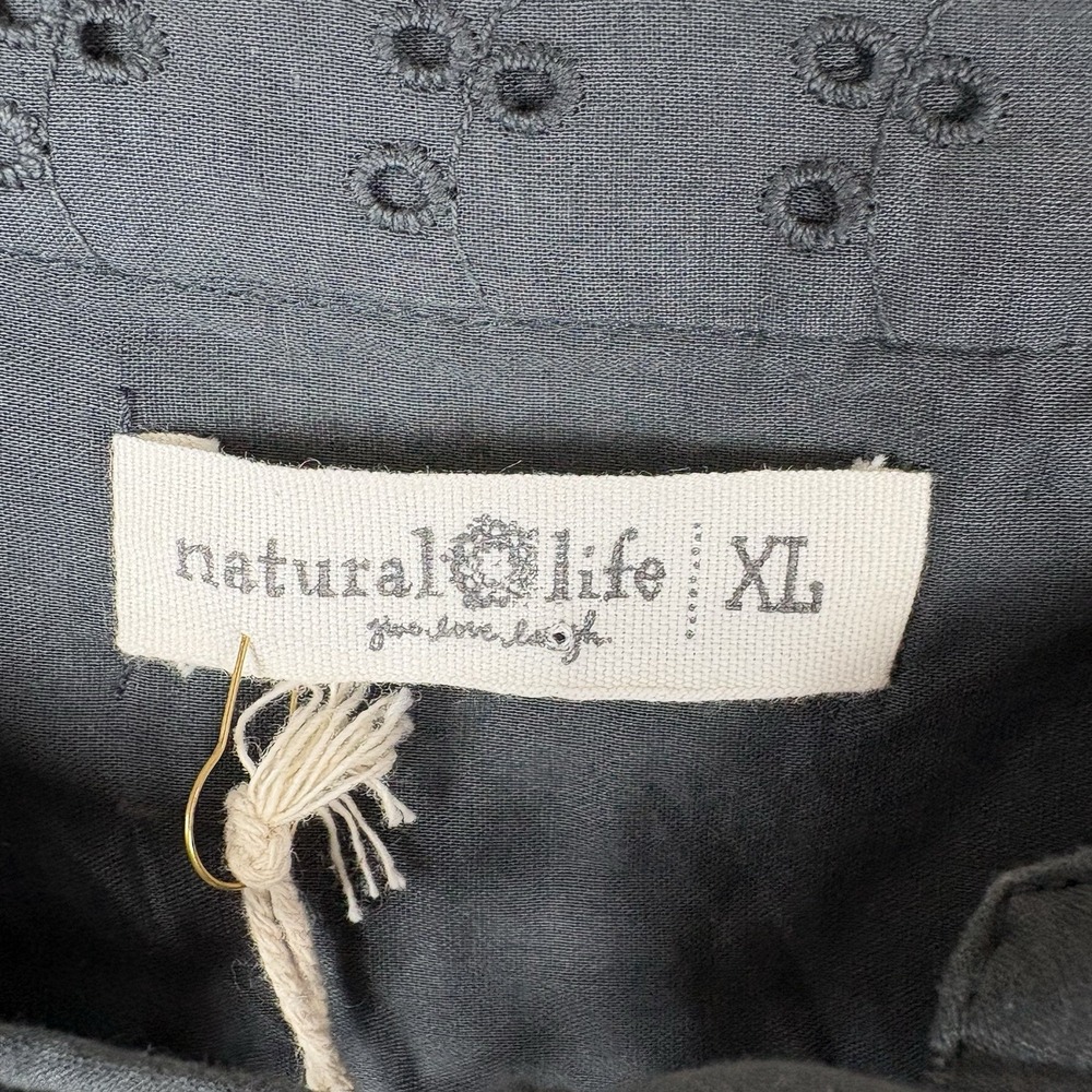 Natural Life XL Eyelet Blouse Gray Long Sleeve Peasant Boho Tassel Minimalist - Picture 4 of 5